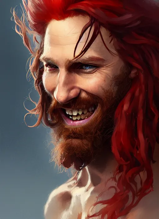 Image similar to portrait of a young ruggedly handsome but joyful pirate, male, masculine, full body, red hair, long long hair, d & d, fantasy, intricate, elegant, highly detailed, digital painting, artstation, concept art, matte, sharp focus, illustration, art by greg rutkowski