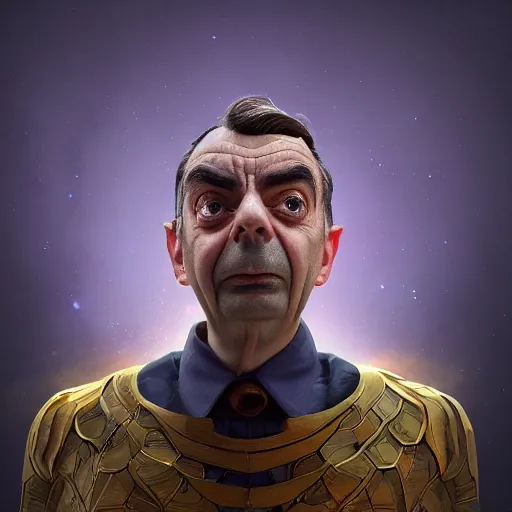 Image similar to Very very very very highly detailed epic central composition photo of Mr Bean as Thanos, intricate, extremely detailed, digital painting, smooth, sharp focus, illustration, happy lighting, incredible art by Brooke Shaden, artstation, concept art, Octane render in Maya and Houdini