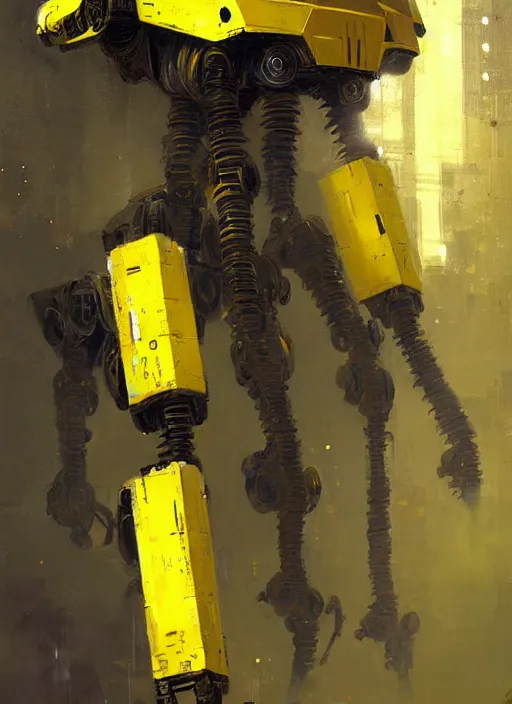 Image similar to tall strong intricate yellow pit droid, painterly mecha, by Greg Rutkowski