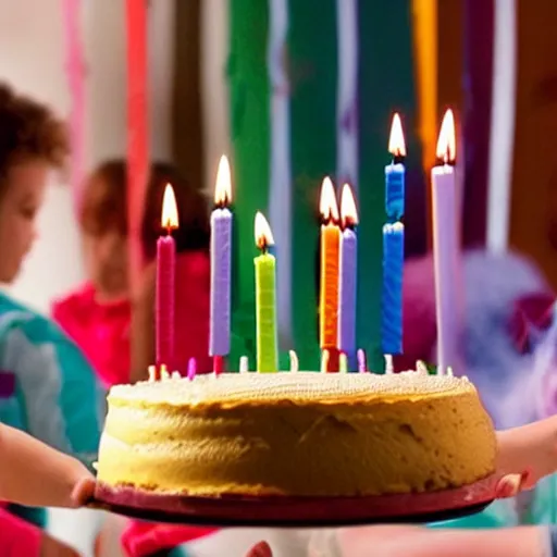 Prompt: someone blowing out a birthday cake, photorealistic, 3 5 degree shot, movie still