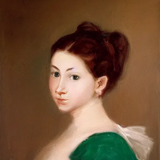 Image similar to a portrait of a young girl wearing an emerald earring. The girl is looking over her shoulder at the viewer with a sly expression on her face. naturalistic style with soft, muted colors. The girl's face is the only part of the painting that is in sharp focus. The rest of the painting is done in a soft, blurry style. The girl's face is lit from the left, creating a soft, halo-like effect around her head. The emerald earring is the only source of light in the painting. an oil tronie painting by Johannes Vermeer.