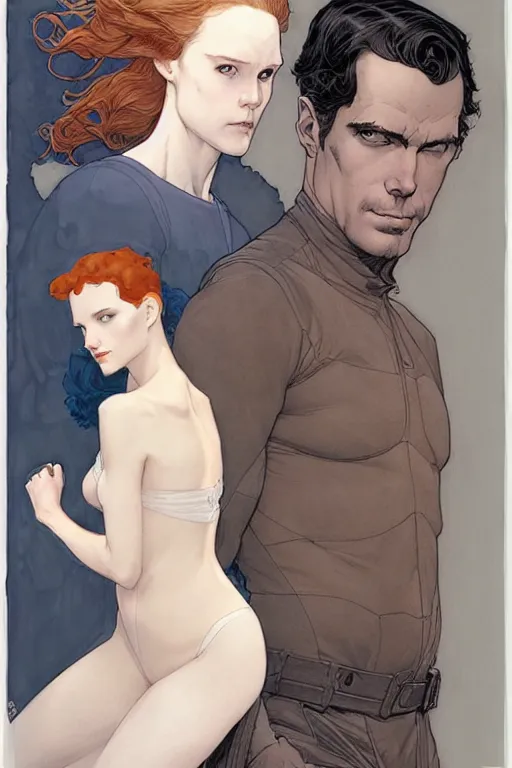 Image similar to artwork by James Jean, Phil noto and Rebecca guay of a handsome man and a beautiful woman back to back