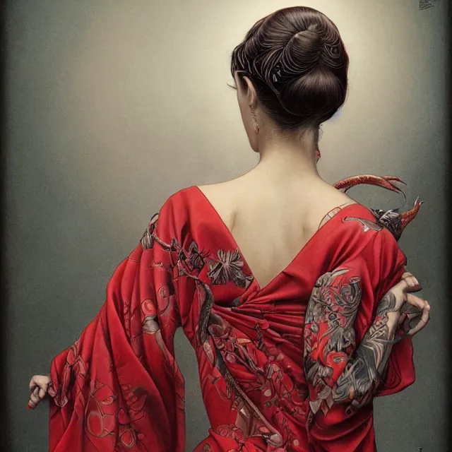 Image similar to ultra realistic illustration, beautiful woman dressed in red kimono, backview, tattoos, in the style of gerald brom by weta digital and beth cavener, high face symmetry, intricate, masterpiece, award winning, high face symmetry, intricate