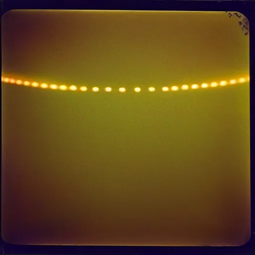 Image similar to a ring of lights flying through the sky, ufo!!, blurry photo, old polaroid, expired film, historical photo,