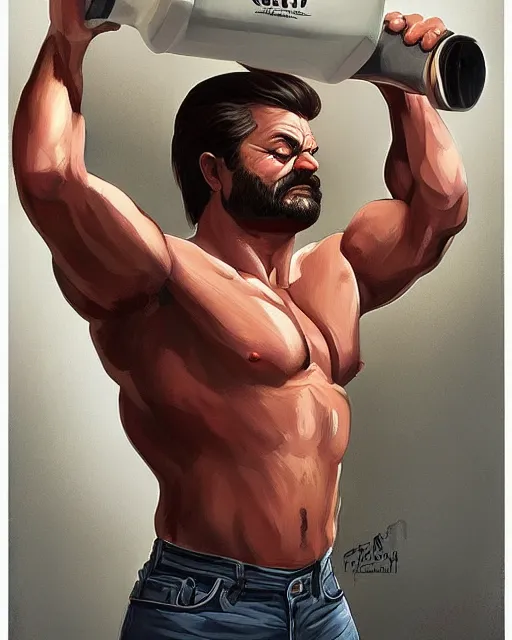 Image similar to gigachad ron swanson bodybuilder holding a keg of beer in final fight office by ilya kuvshinov, ernest khalimov body by krista sudmalis, fantasy character portrait, ultra realistic, concept art, intricate details, elegent, digital painting, smooth, sharp focus, illustration, art by artgerm and greg rutkowski and alphonse mucha, artstation