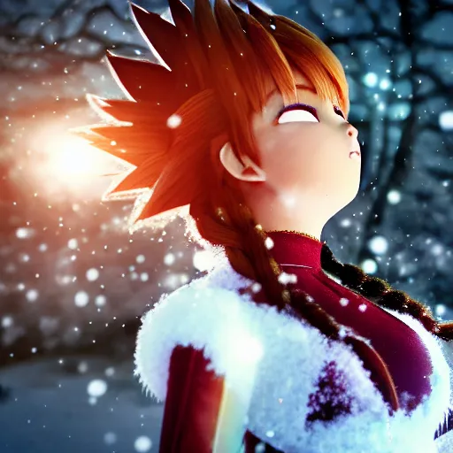 Image similar to portrait focus of super saiyan beautiful 3 d anime girl posing, frozen ice dark forest background, snowing, bokeh, inspired by masami kurumada