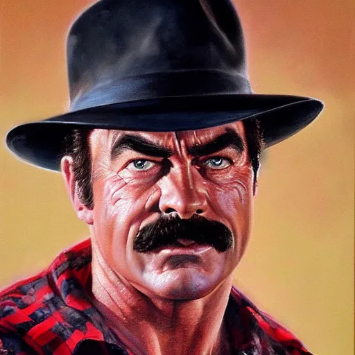 Image similar to ultra realistic portrait painting of tom selleck as freddy krueger, art by frank frazetta, 4 k, ultra realistic, highly detailed, epic lighting