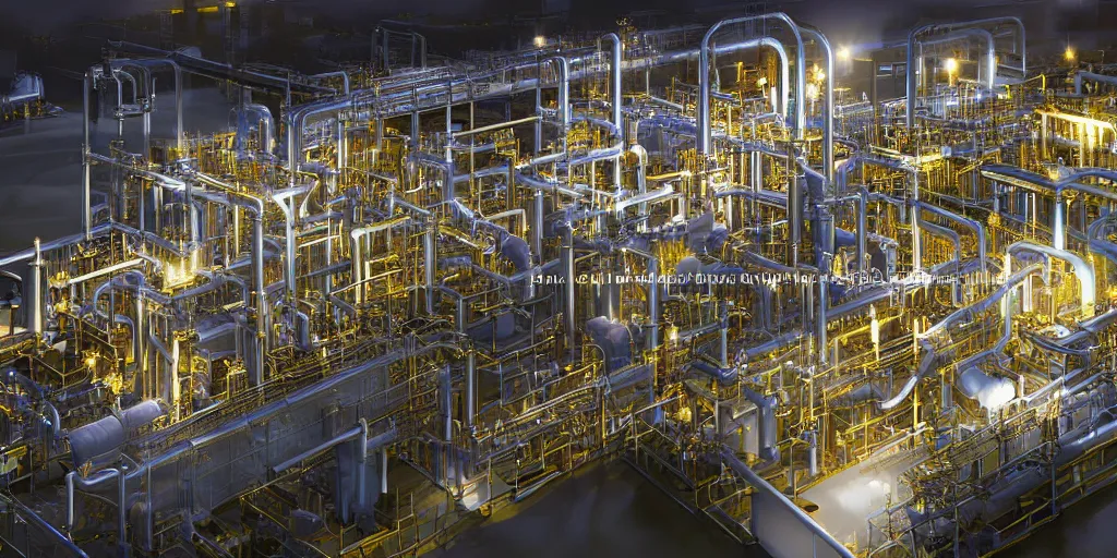 Image similar to hyper realistic oil pipes processing plant at night under the rain