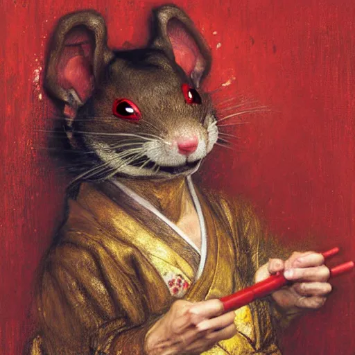 Image similar to a portrait of a male splinter ninja rodent mutant in a red kimono in the sewers. furaffinity furry art detailed face painting by gaston bussiere craig mullins jc leyendecker gustav klimt artgerm greg rutkowski furry