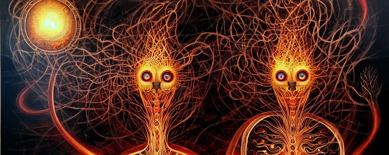 Image similar to a strange fire creature with endearing eyes radiates a unique canto'as above so below'while being ignited by the spirit of haeckel and robert fludd, breakthrough is iminent, glory be to the magic within, in honor of saturn, dark detailed oil painting by ronny khalil