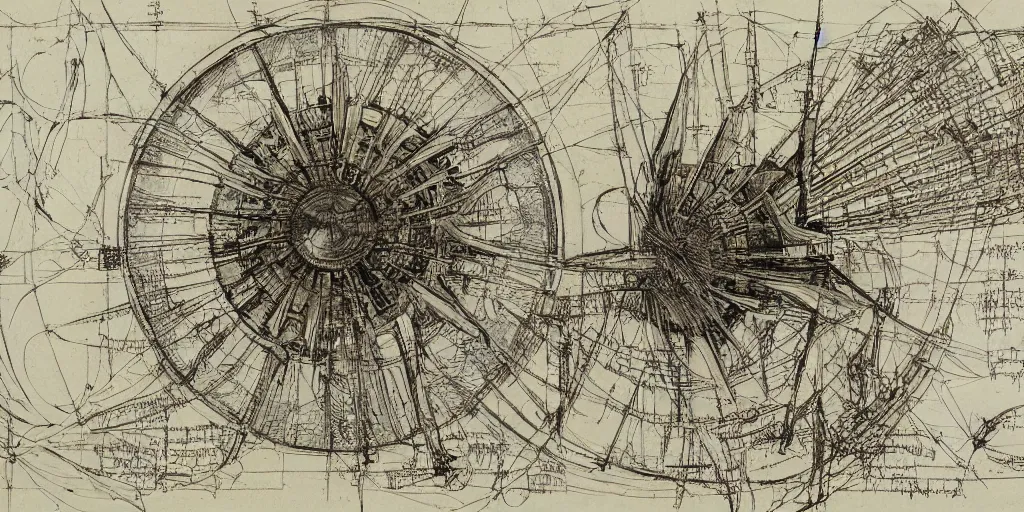 Image similar to leonardo da vinci color intricate full page scan blueprint of an environmental turbine machine, on paper, black ball pen style, :: ultra-detailed technical precision :: mixed media with white and silver lines, realistic composition, point of interest at golden ratio, light from right, more darkness on the bottom, monumentally art composition, high quality of sketching with subtle hairlines, highly detailed rounded forms, inside out and outside in, octane render