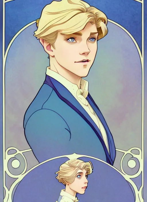 Image similar to art nouveau portrait of a pretty young man with short blond hair, light blue eyes, sad expression, natural lighting, path traced, highly detailed, high quality, cartoon, digital painting, by don bluth and ross tran and studio ghibli and alphonse mucha