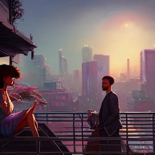 Image similar to highly detailed portrait of a black couple on the rooftop, synthwave city, stephen bliss, unreal engine, fantasy art by greg rutkowski, loish, rhads, ferdinand knab, makoto shinkai and lois van baarle, ilya kuvshinov, rossdraws, tom bagshaw, global illumination, radiant light, detailed and intricate environment