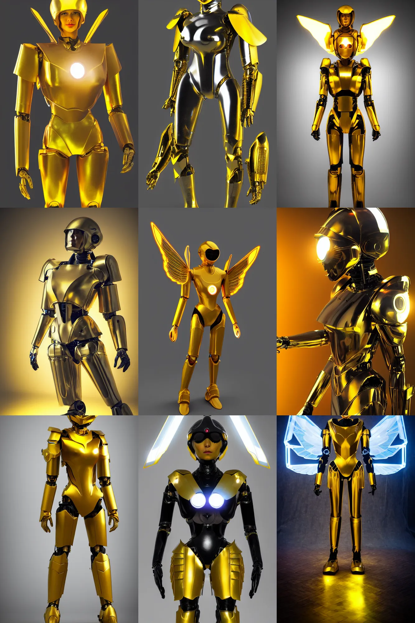 Prompt: maria of metropolis, humanoid robot, golden full body armor, deployed wings, beautiful helmet, glowing yellow eyes, scifi, futuristic, raytracing, glowwave, by fritz lang