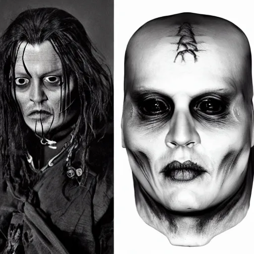 Image similar to Johnny Depp, prosthetic makeup design by H.R Giger