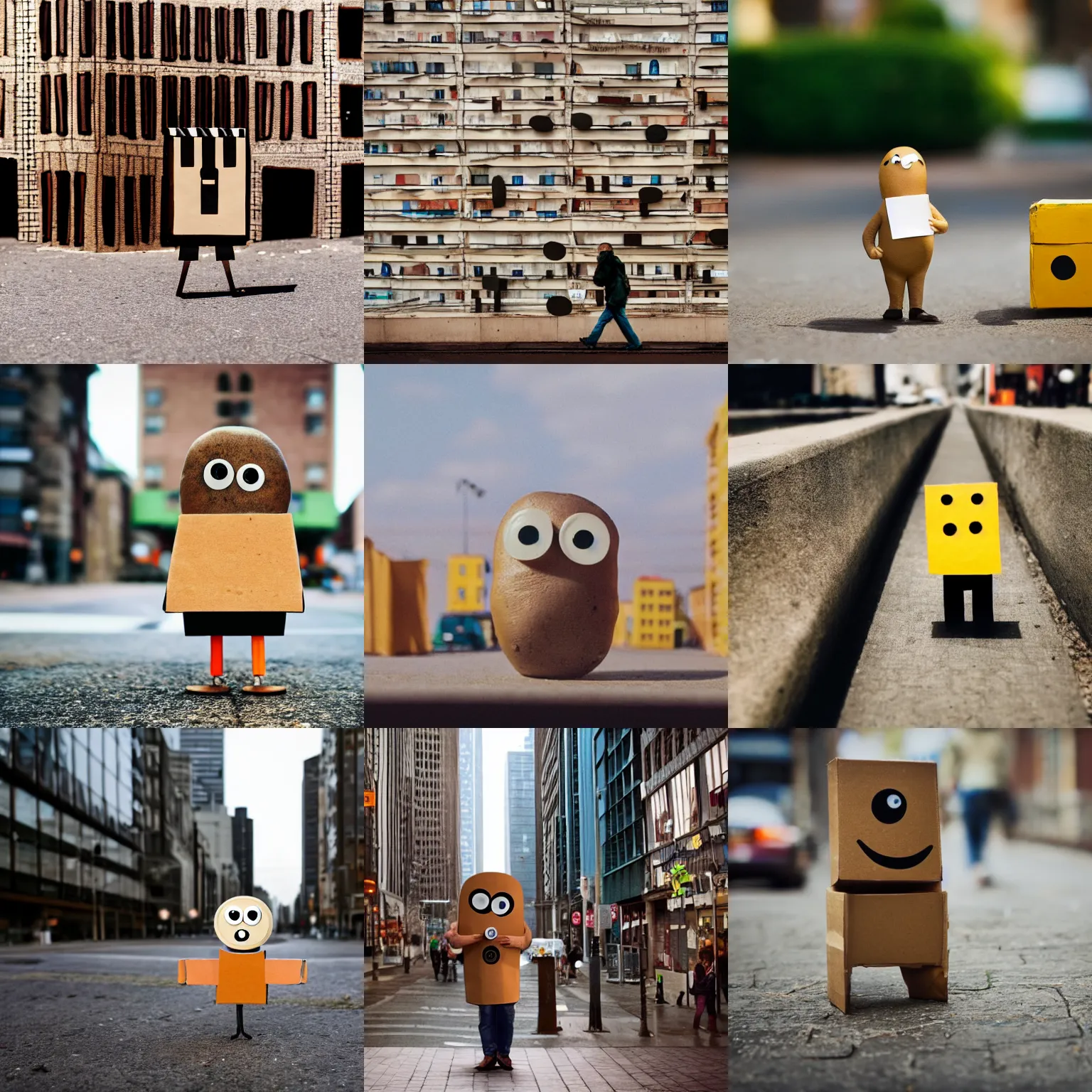 Prompt: a film still of a charming potato walking about town. googly eyes. cardboard architecture city sidwalk. depth - of - field. rule - of - thirds.