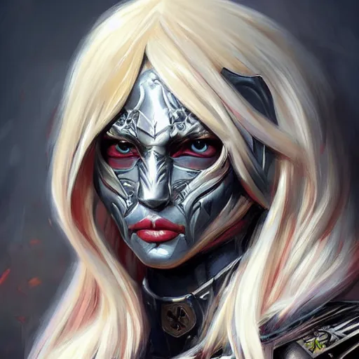 Prompt: a d & d portrait of beautiful blonde woman in heavy armor, rpg character, organic painting, bold shapes, hard edges, gloomy colors, by artgerm