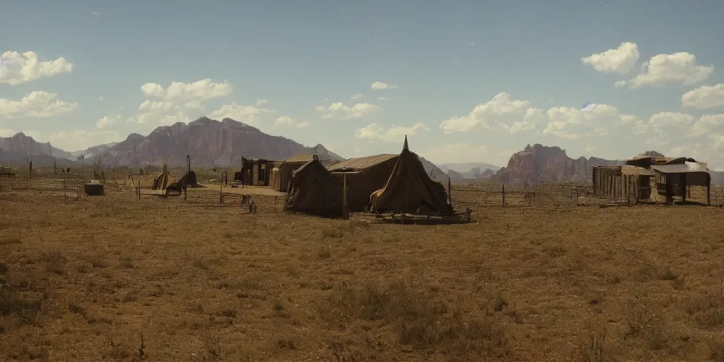 Image similar to a wild west scenery, camps in the background