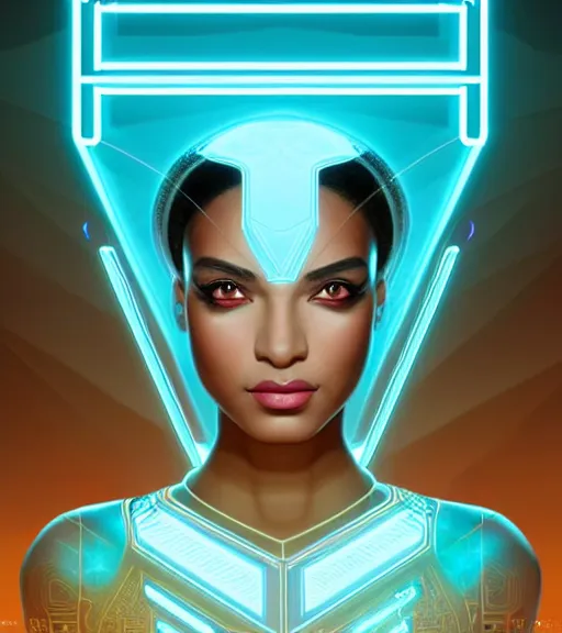 Image similar to symmetry!! egyptian princess of technology, solid cube of light, hard edges, product render retro - futuristic poster scifi, lasers and neon circuits, brown skin gorgeous egyptian princess, intricate, elegant, highly detailed, digital painting, artstation, concept art, smooth, sharp focus, illustration, dreamlike, art by artgerm