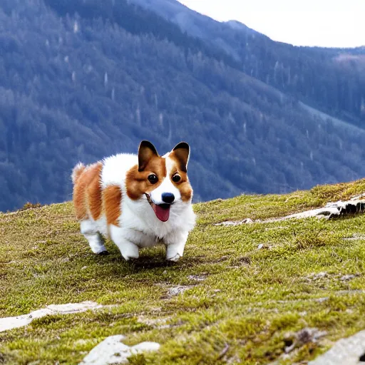 Prompt: corgi backpacking through the mountains, cute, photorealism, action shot