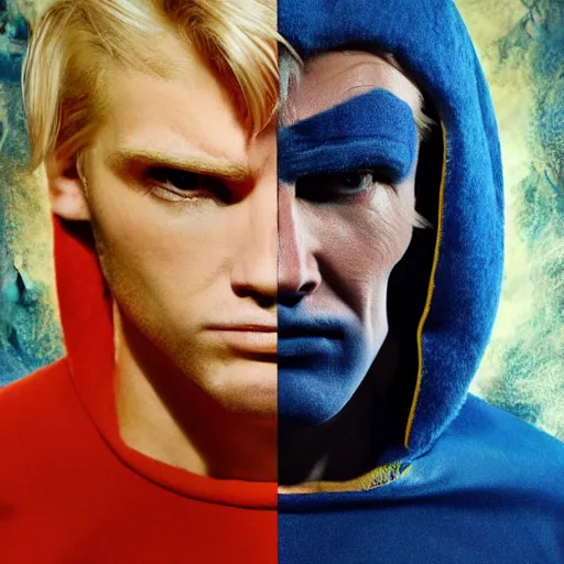 Image similar to portrait of a blonde masculine man two sides hair and thin face lines, he is angry, he wears a blue costume, with golden eagles head on the shoulders in shoulder pads, 8 k, hyper realistic, movie imax shot, film, cinematography, red