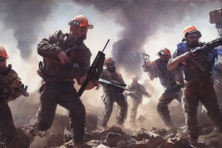 Prompt: intense dramatic still of a ragtag group of miners and factory workers with improvised weapons and firearms, on the surface of an asteroid, outside of a high tech industrial building, oil painting by charles frederic ulrich, jason ryan artstation, greg rutkowski, trending on artstation, incredible detail