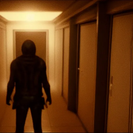Prompt: in the house of p. t., dark hallway, bad camrea, hideo kojima's ghost form appears in front of you, unreal engine 5