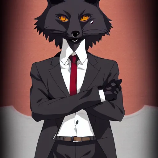 Prompt: key anime visual of a portrait anthropomorphic black male fox anthro furry fursona with long black hairstyle, wearing a wine red business suit, stern menacing male eyes, looking down, modern anime style