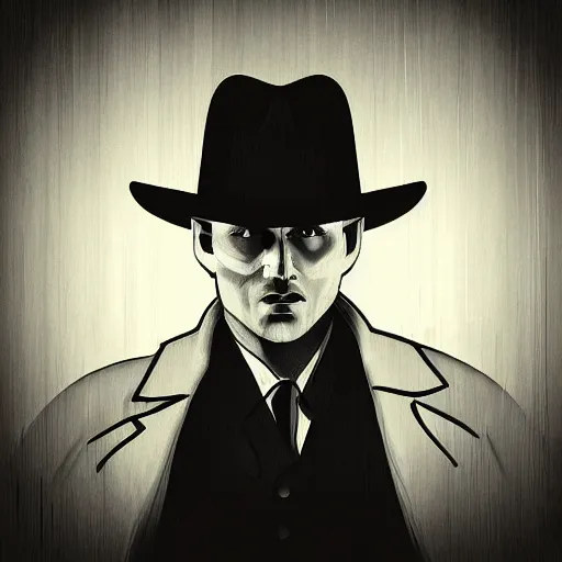 Image similar to /noir portrait of detective wearing a black hat, mafia, gangster, photoreal, dramatic lighting, old movie