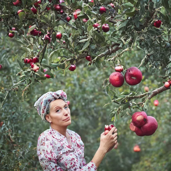 Prompt: a closeup portrait of a woman wearing twisted knotted iridescent ribbon, picking pomegranates from a tree in an orchard, foggy, moody, photograph, by vincent desiderio, canon eos c 3 0 0, ƒ 1. 8, 3 5 mm, 8 k, medium - format print