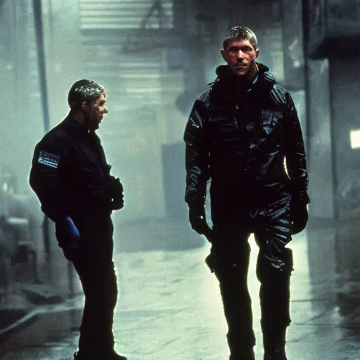 Image similar to film still blade runner Officer Deckard wearing Acronym + Nike ACG techwear