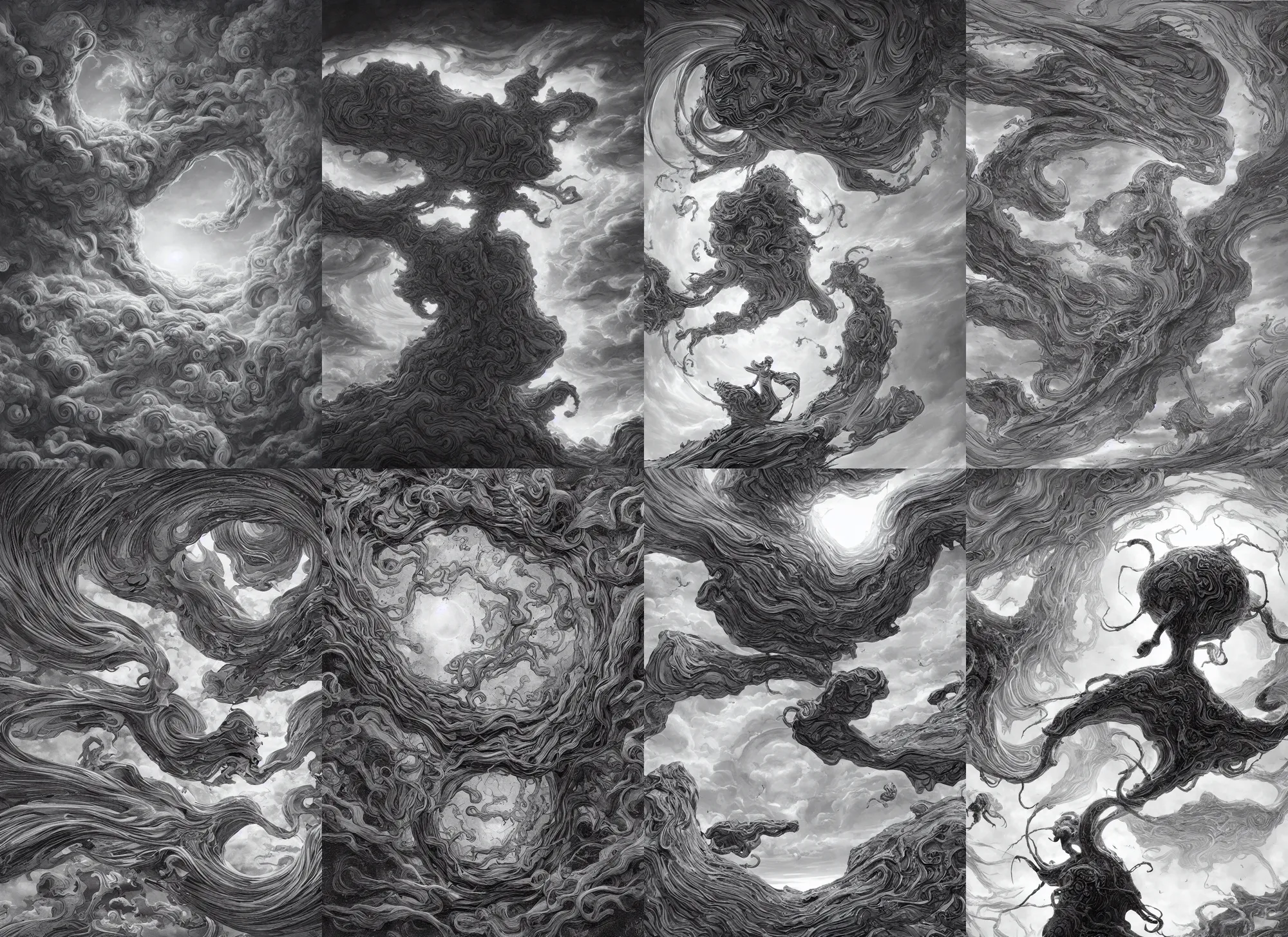 Prompt: a portal floating in the air, swirly clouds in the background, art by James Jean and Wayne Barlowe, high details , black and white ink, cinematic, cgsociety 8k