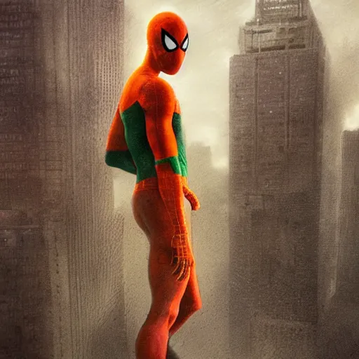 Image similar to moody atmospheric render of an orange and green spiderman by greg rutkowski and marc silvestri made with unreal engine