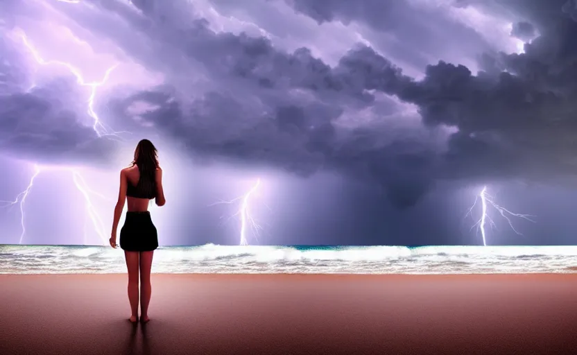 Image similar to a hyperdetailed photorealistic beautiful woman standing on a beach in a severe thunderstorm, rain, global illumination, volumetric lighting, cinematic framing, cinematic lighting, cinematic shadows