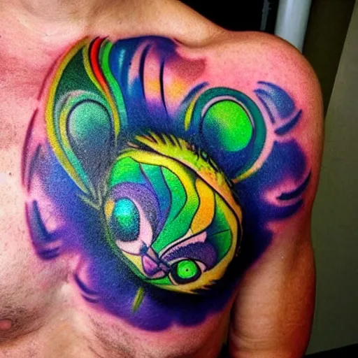 Image similar to shoulder tattoo of a multicolored psychedelic cute bush baby, eyes are colorful spirals, surrounded with colorful magic mushrooms and rainbowcolored marihuana leaves, insanely integrate