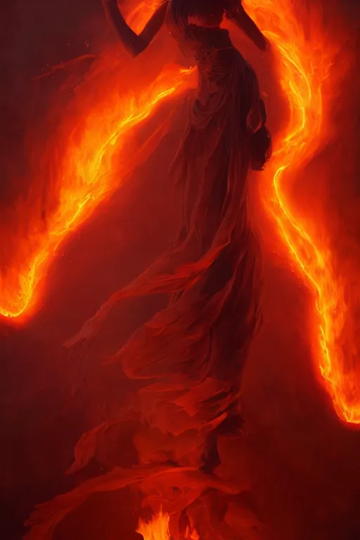 Prompt: eldritch volcanic fire goddess clothed in a flaming gown, volcanic embers, magma, detailed matte fantasy portrait, dynamic lighting, by greg rutkowski, by peter mohrbacher, by brom, hyperrealism, detailed face, 8 k dop dof hdr