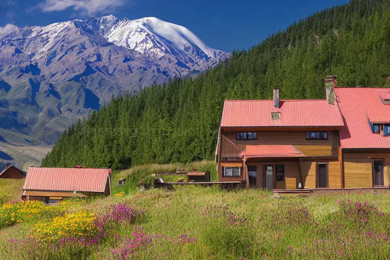 Image similar to architecture photo modern fachwerk house cottage settlement with Elbrus mountain on the background, architecture, photorealism 8k , high details