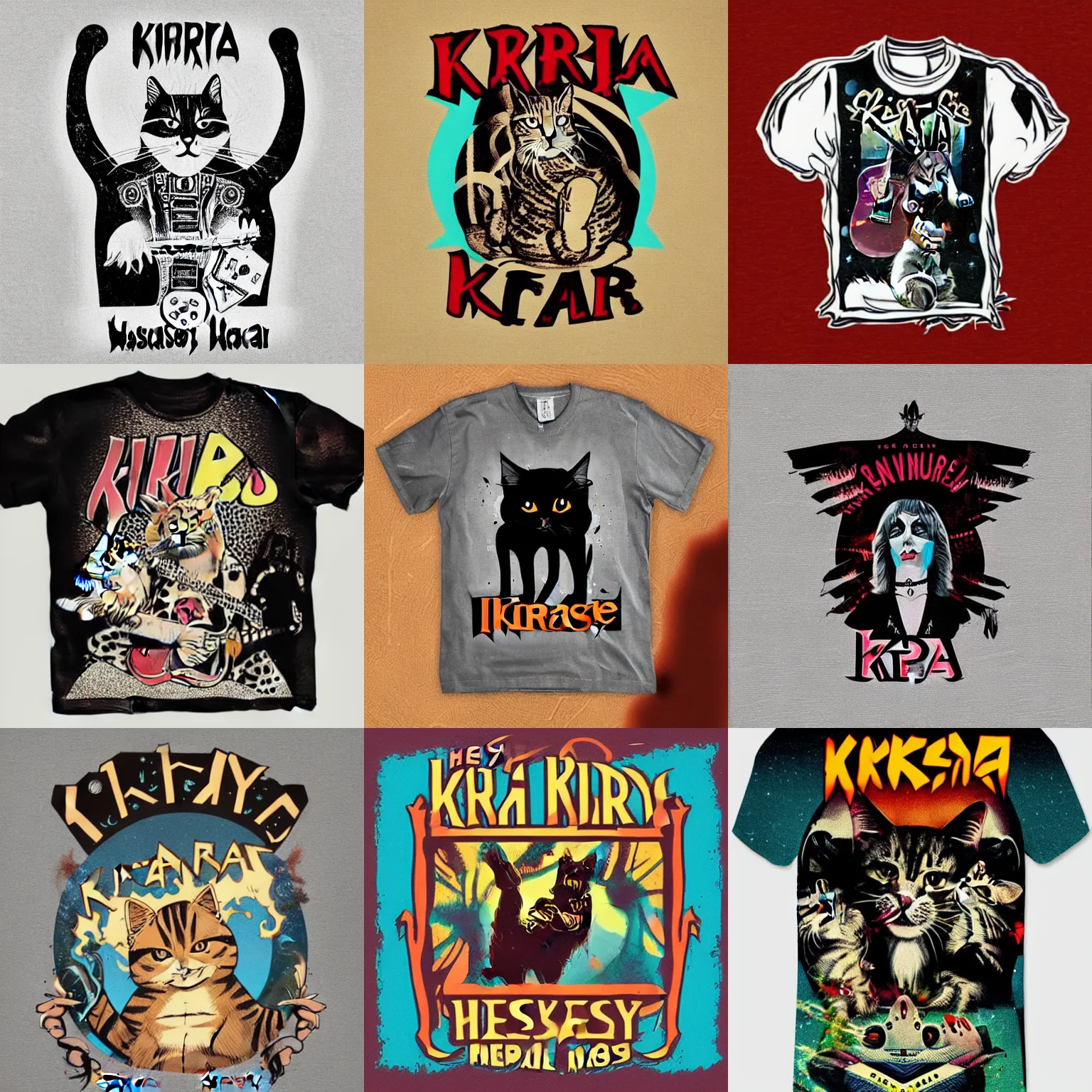 Prompt: 60s concert T-shirt design for heavy metal band “Kira” featuring tabby cat “Kira”, masterpiece, trending on artstation