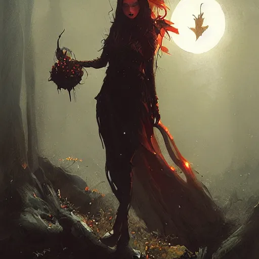 Prompt: dark autumn witch by greg rutkowski