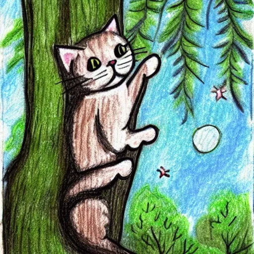 Prompt: a cute cat on a tree at night drawing