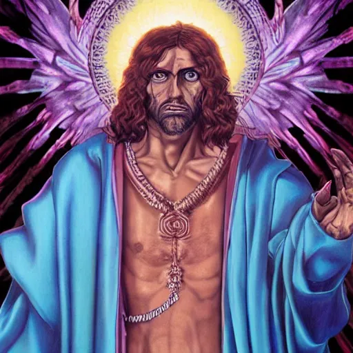 Image similar to 4K headshot portrait of godlike Pimp of Nazareth with defined arms and open hands and bloody clothes with giant mandala wings , intricate face , flawless anime cel animation by Kentaro Miura, psychedelic , highly detailed upper body , professionally post-processed , beautiful, scary, symmetry accurate features, epic, octane rendered, anime masterpiece, accurate by Craig Mullins, ilya kuvshinov, krenz cushart, epic , artgerm trending on artstation by Edward Hopper and Dan Mumford and WLOP and Rutkovsky, beksinski carl spitzweg moebius and tuomas kocar, intricate artwork by caravaggio, Unreal Engine 5, Lumen, Nanite