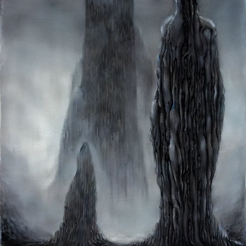 Prompt: tall alien grey art by Zdzislaw Beksinski detailed painting of a creepy eerie alien being with large black eyes and no mouth, intricate matte painting background, elegant horror artwork, many colors in eldritch nightmare, luxurious, ominous, 4k, cinematic, by Yoshitaka Amano, horizontally symmetrical, by Wayne Barlowe, trending on Artstation