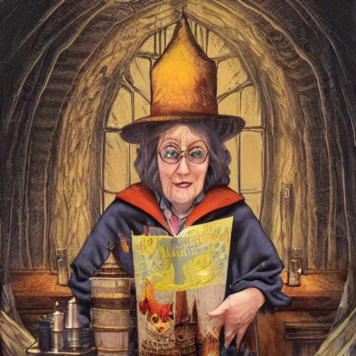 Image similar to Nanny Ogg as a motherly professor in Hogwarts School of Witchcraft and Wizardry, detailed, hyperrealistic, colorful, cinematic lighting, digital art by Paul Kidby and Jim Kay