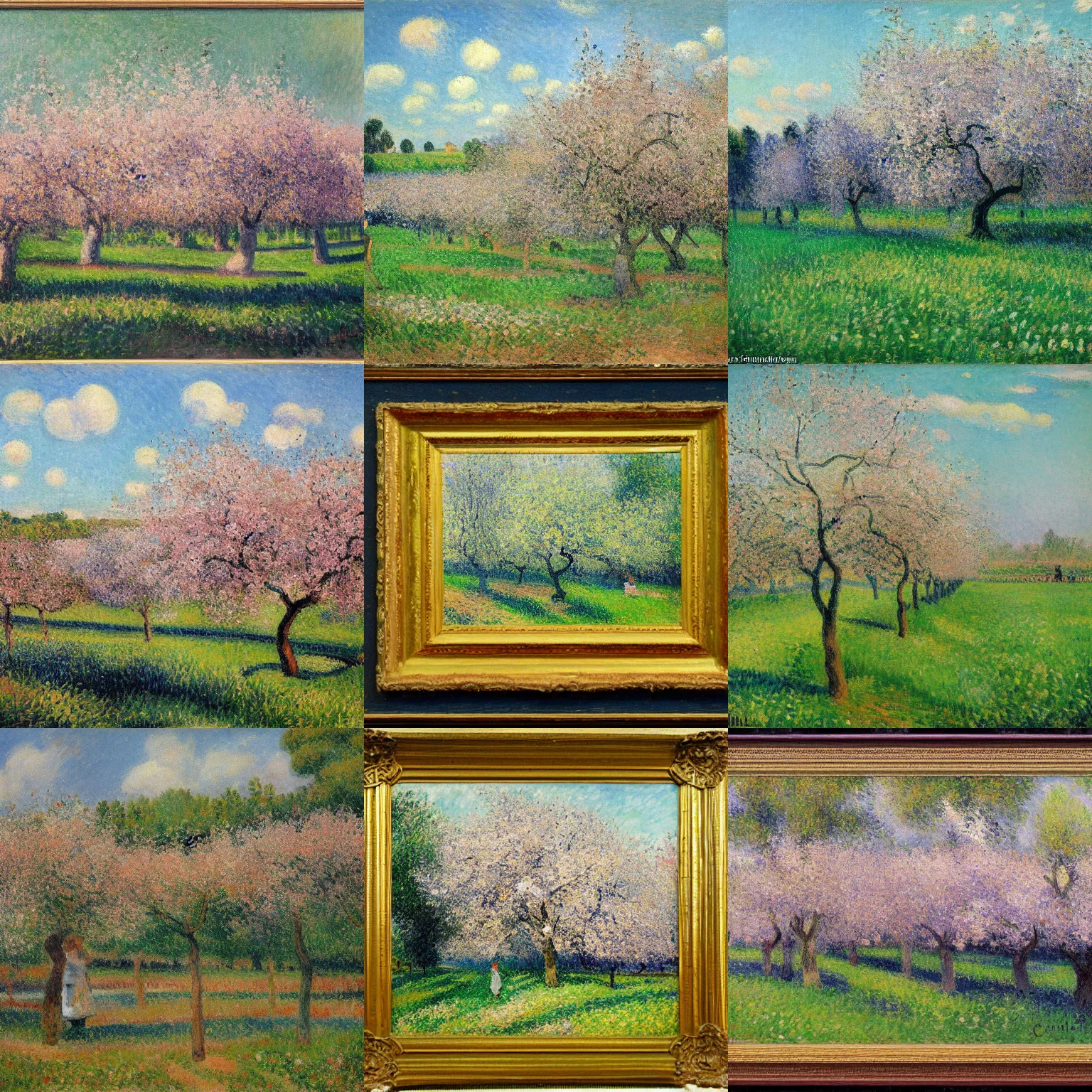 Prompt: an impressionist painting of a blooming orchard by Camille Pissarro