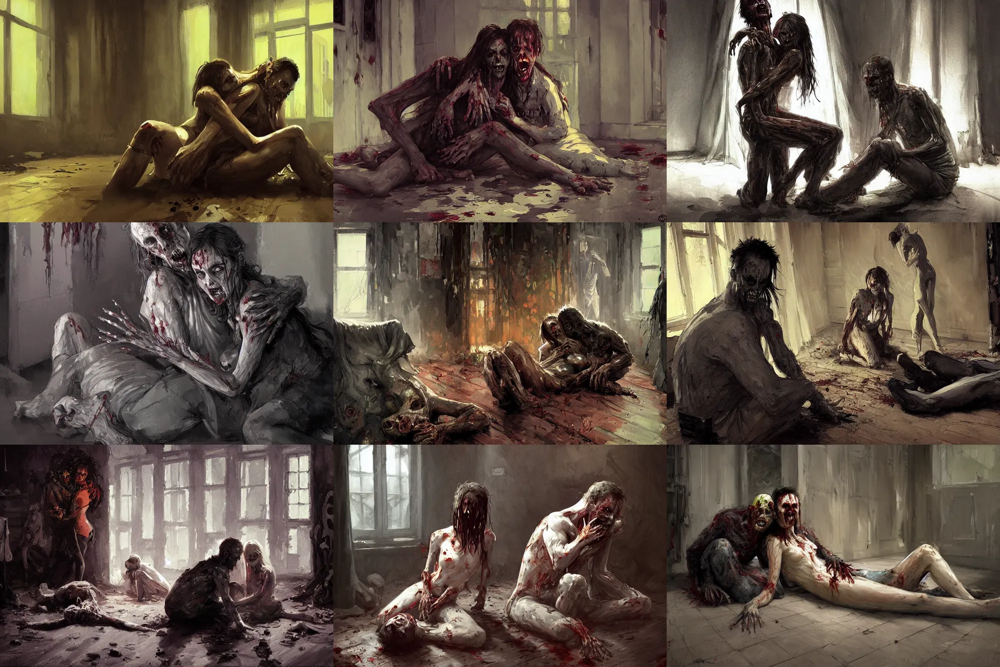 Prompt: zombie man sitting on the floor while devouring a woman, hugging each other in the darkness, eerie living room of a modern house, elegant, intricate, digital painting, artstation, concept art, smooth, sharp focus, illustration, art by konstantin korovin and daniel f. gerhartz and john howe