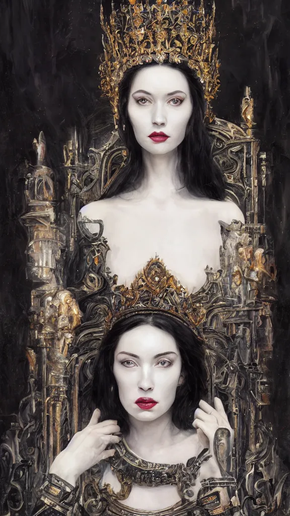 Image similar to a beautiful black haired woman with pale skin and a crown on her head sitted on an intricate metal throne, intimidating woman, large black eyes, high forehead, smooth pale skin, ethereal skin, ominous, eldritch. oil painting by nuri iyem, james gurney, james jean, greg rutkowski, highly detailed, soft lighting, chiaroscuro