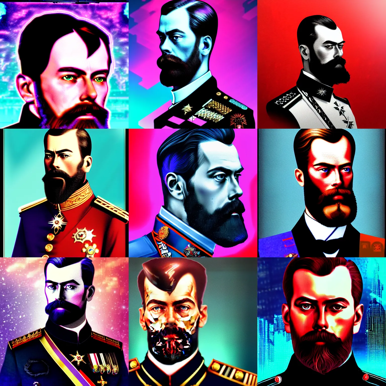 Prompt: Nicholas II of Russia, cyberpunk, synthwave, glitch, digital art, detailed, photo realistic