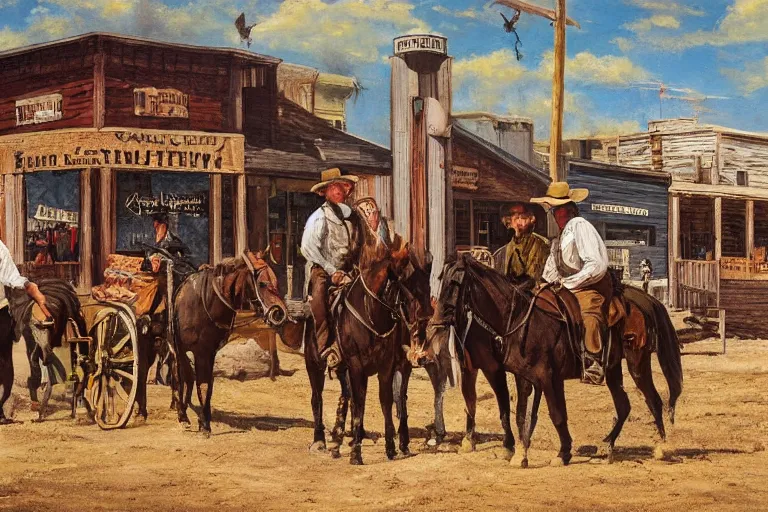 Prompt: a busy main street in the old west with the banker - phillip - seymour - hoffman and two rugged bandits, in the style of an oil painting, realistic, detailed