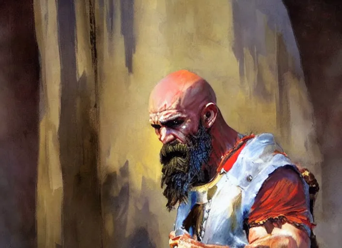 Prompt: a highly detailed beautiful painting of a homeless man as kratos, by gregory manchess, james gurney, james jean