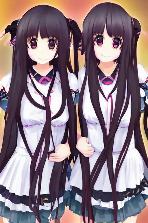 Image similar to two beautiful female idols with twintails standing chest to chest on stage, detailed anime art